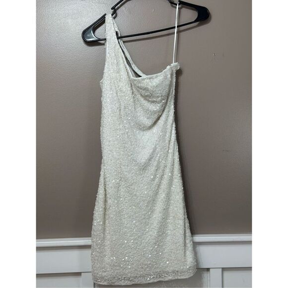 Mac Duggal 5263 One Shoulder Strap Drape Off White Sequin Evening Mini Dress S - Picture 2 of 16